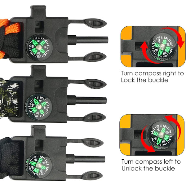 3-pakke Flint Survival Paracord Armbånd, Brannstarter, Skrape, Kompass