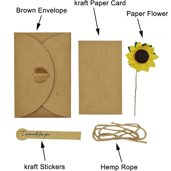 4 stk tørkede blomster gratulasjonskort Vintage Kraft håndlaget tomt takk-kort hamp tau konvolutt for bursdagsfest juleinvitasjonskort 4\"X3\"