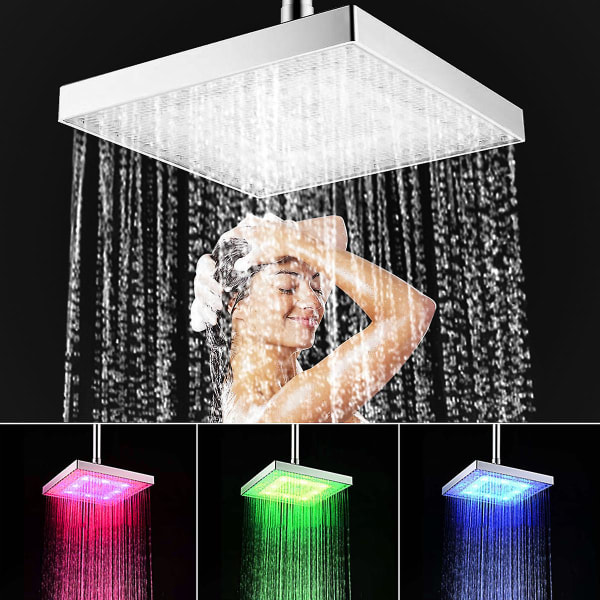 8 Inch Chrome Rainfall Led Shower Head 7 Colors Changing Temperat