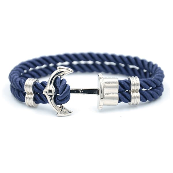 Handgjord läderarmband Mörkblå Rep Ankare i Silver silver