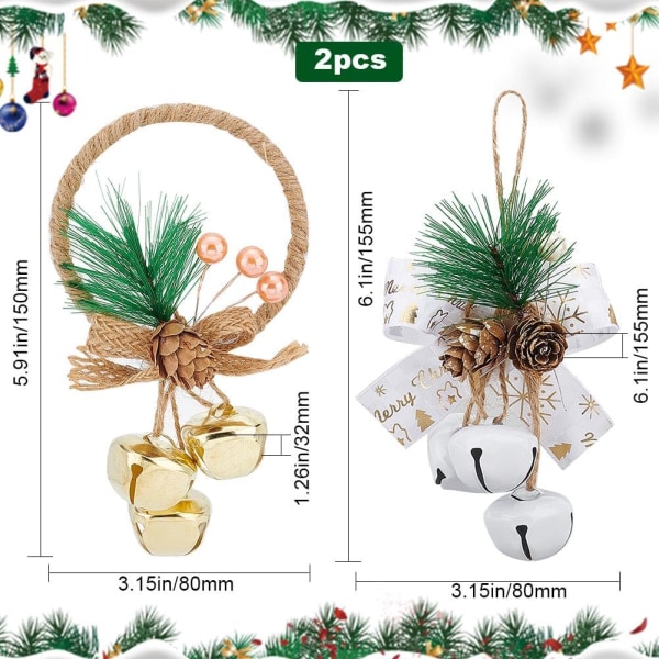 2 Gull, hvit juletre Jingle Bell Ornament Metal Pine Berr