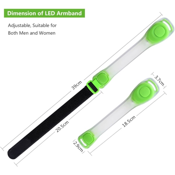 Vihreät LED-käsivarsinauhat, 2 kpl LED-vilkkuvat kuminauhat aikuisille