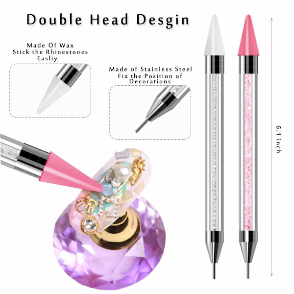Nagelkonst Rhinestone Picker Tändverktyg med Extra 2 Vaxhuvuden,