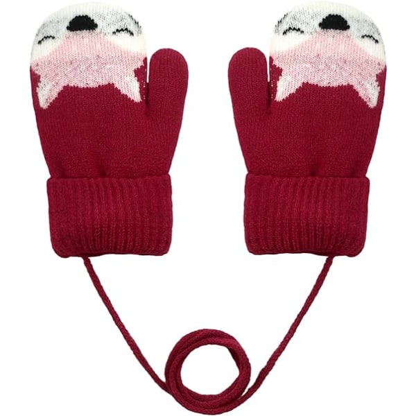 Småbarn Barn varme, tykke strikkede fingerløse hansker med snor for 1-3 år barn (rød)