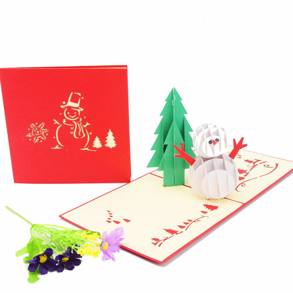 Juletræ og snemand pop op julekort, 3D glædelig jul lykønskningskort, julekort med konvolut