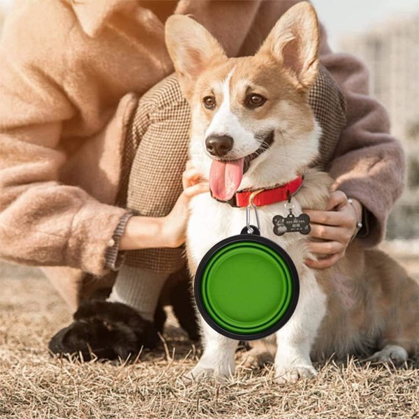 Hundskål, set med 2 hopfällbara hundskålar i silikon med karbinhake, bärbar vatten- eller matskål för medelstora till stora hundar, resehundskål (grön + blå)