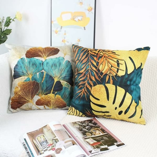 Set om 4 kuddfodral 45 x 45 cm, Teal och guld bladmönster,