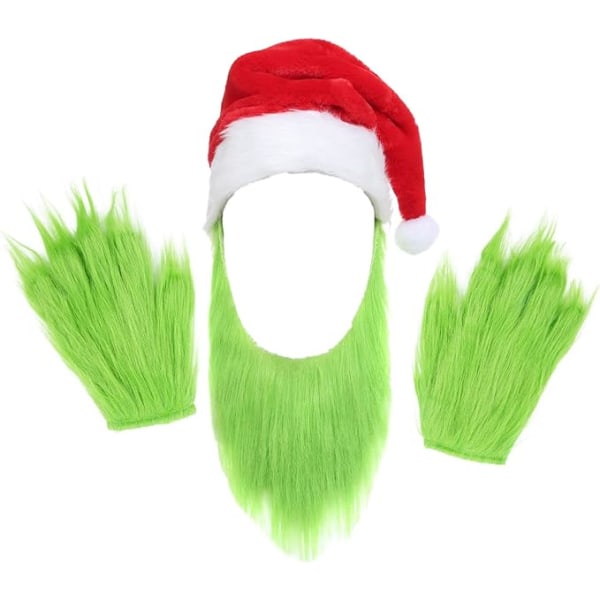 Miesten vihreä parta Joulupukin hattu turkiskäsineillä Adult Christmas Cospl