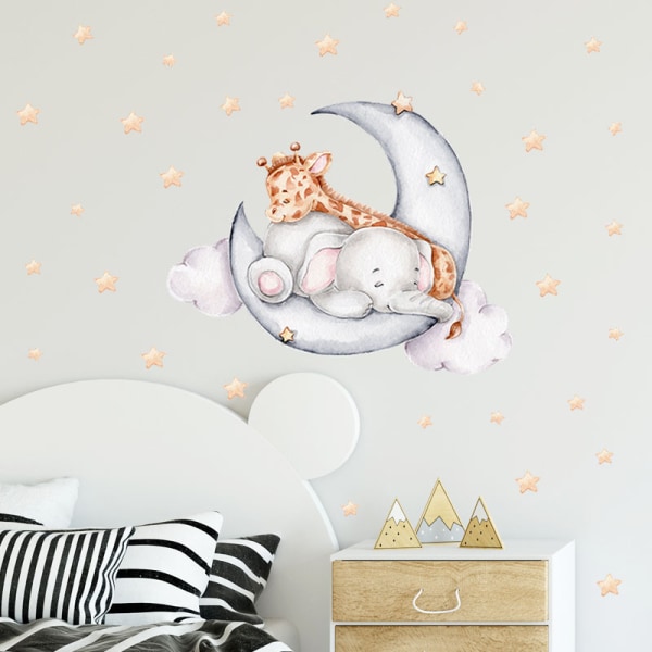 Akvarell rosa sovande elefant Väggdekal Flying Animal Moon W