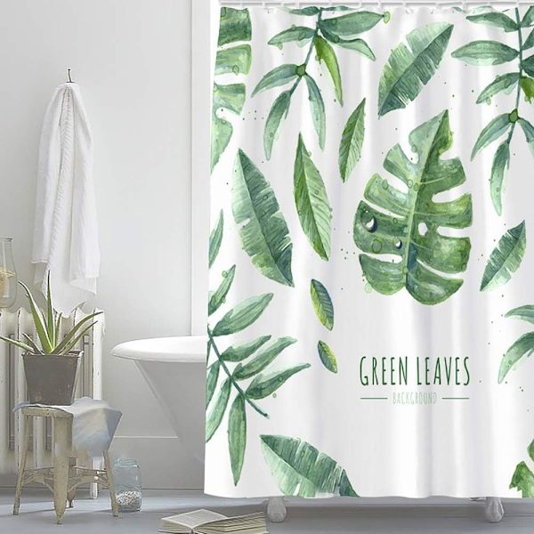 Jungle grøn stof bruseforhæng - Vandtæt - Bladmønster - Med 10 kroge - 150 x 180 cm