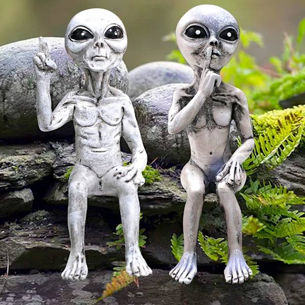 Alien Statue, Udenjordisk Have Statue Figur, Alien Statue til Havedekoration, Grå - Alien - Indendørs og Udendørs Dekoration 2 Stykker