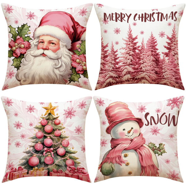 Rosa julkuddfodral 4-pack, 45x45cm Jultomte Snögubbe