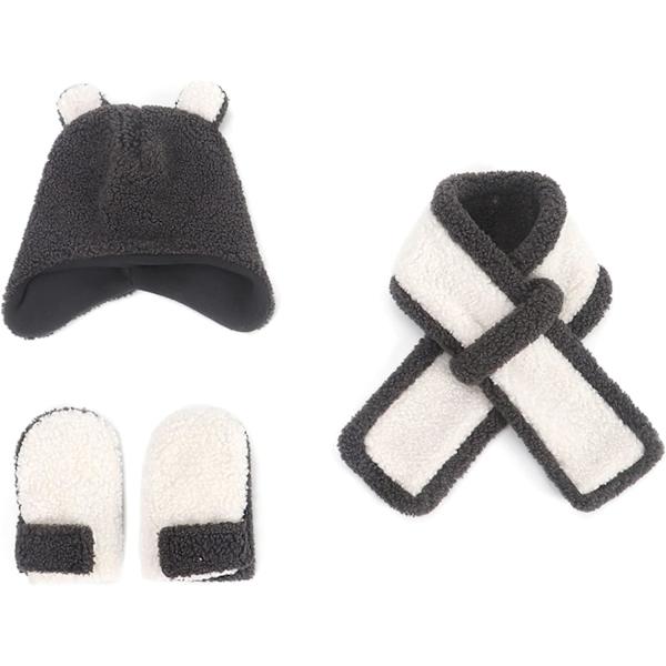Vinterbarnsmössa med pompom, halsduk och handskar för flickor, 3-i-1-set med vintermössa, tjockt och varmt set med söta öron (mörkgrå + vit)