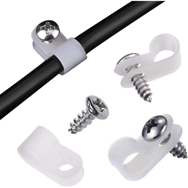 100 stykker hvid nylon R-clips, 6,35 mm genanvendelig ledningsstyring R