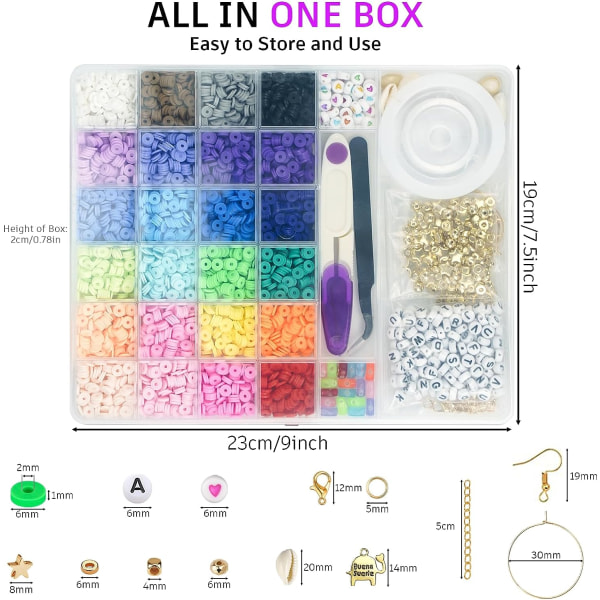 6000 stk leireperler for armbåndfremstilling, 24 farger Flat Preppy Be