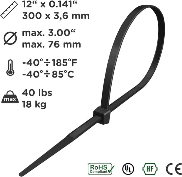 Kabelbindare 300mm x 3.6mm, Kabelbindare, Rilsan Nylon Kabelbindare, Cabl