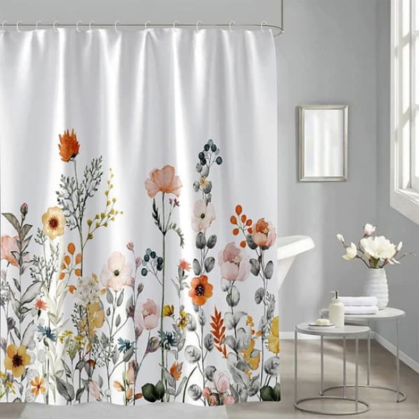 Duschdraperi, tyg Duschdraperi fodrad blommig vit
