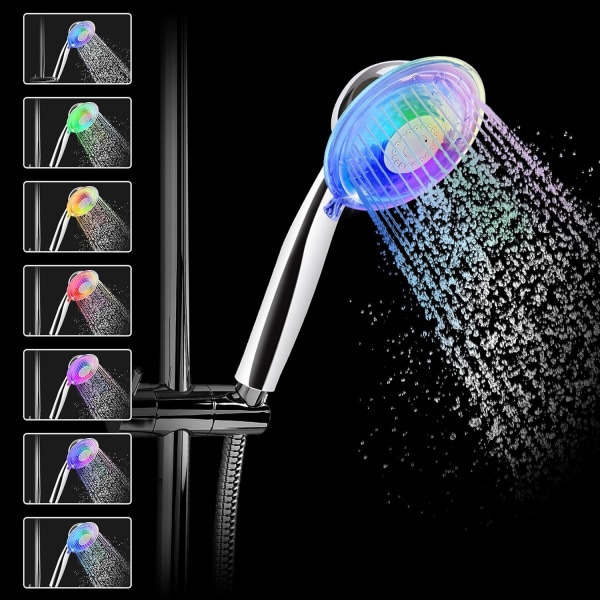 LED-dusjhode hånddusj med 7 fargeskiftende dusjhode justerbar vannstrøm