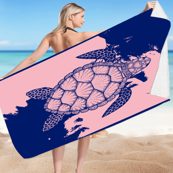 Rantapyyhe – Sininen trooppisella kuviolla, L 70*150CM  Cool Hawaiian, Navy Beach Towel with PINK Light Blue Stripe,