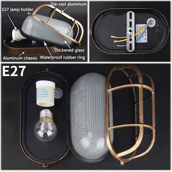Udendørs væglampe i industriel stil - Retro bådlampe - Ovalt kighul - Elliptisk lampe - Loftslampe - Væglampe til indendørs og udendørs brug - E27
