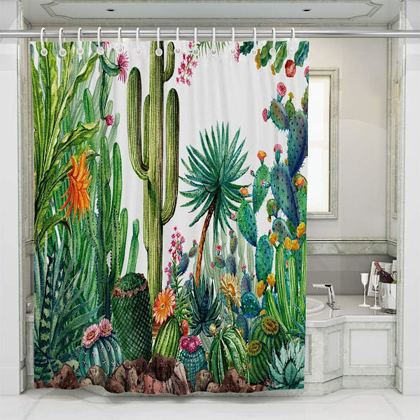 Slidstærkt og holdbart polyester bruseforhæng med kaktusblade-mønster, 180x180cm (Kaktus A