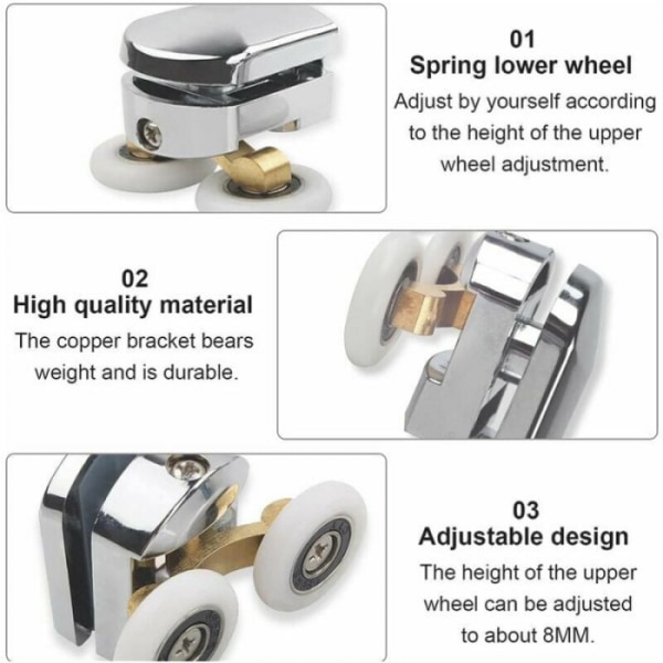 Sett med 4 doble ruller - for skyvedør til dusj, diameter 23 mm