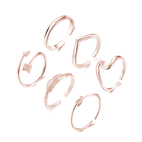 Vågig ring Våg enkel ring Blad Pil Blomma Form Svans Ring för kvinnor Justerbar Stapelbar Tumme Öppna Ringar Set (Roséguld 6 stycken)