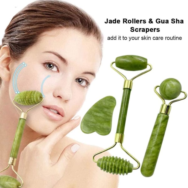 (3 stycken) Jade Roller & Gua Sha Ansiktsverktyg - Ansiktsroller Mass