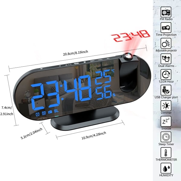 Digital väckarklocka, projektionsväckarklocka med 7,3 tum LED-radi