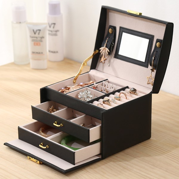 Jewelry Box, Jewelry Box Jewelry and Cosmetics Makeup Box 3 Layers Artificial Leather Beauty Box with 2 Drawers, Mirror and Lock (Black)