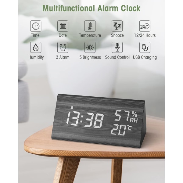 Puinen digitaalinen herätyskello, digitaalinen kello torkulla/päivämäärällä/lämpötilalla