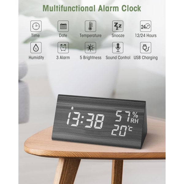 Trädigital väckarklocka, digital klocka med snooze/datum/temper