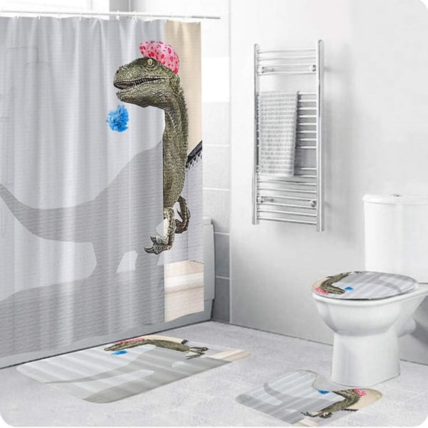 3D Dinosaur Bruseforhæng med Kroge Hvid Vandtæt Mugbestandig Stofforhæng til Badeværelse 180x180cm