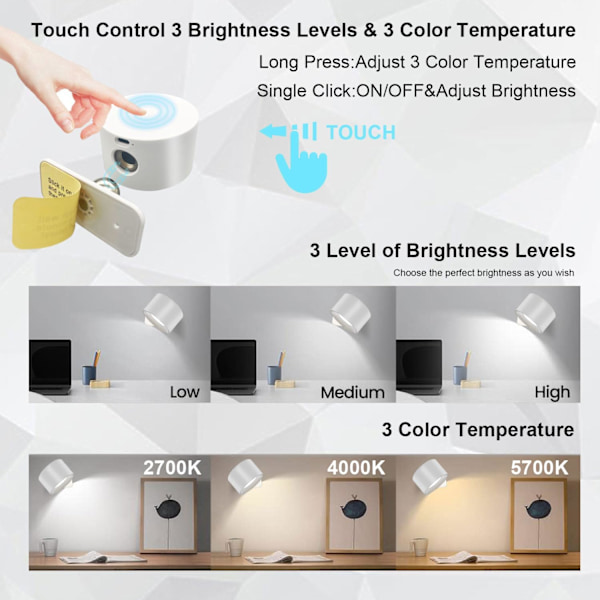 LED-väggläslampor, vägglampor med touchkontroll med 3 färger T