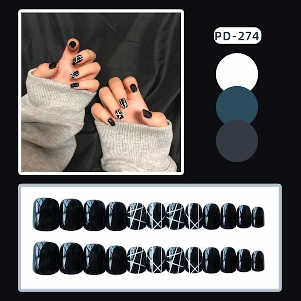 24 stk. Svarte falske negler medium lengde full dekning Glossy fa