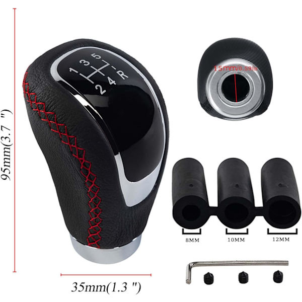 5-trins gearstangsknop, 3 adaptere, 8 mm, 10 mm, 12 mm, universel til mænd