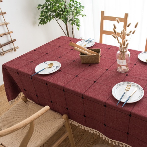 Rektangulär duk, bomulls- och linneduk med pompom, modern köksbordsdekoration (rött rutnät, 140*180cm)