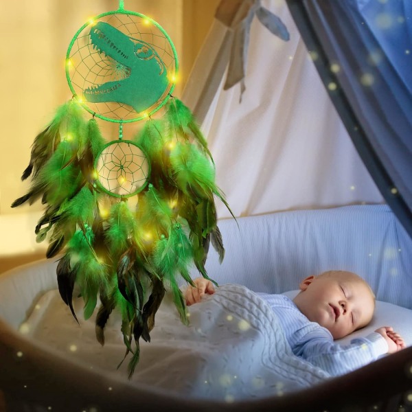 Dinosaurie drömfångare för barn, fjäder drömfångare med LED-l