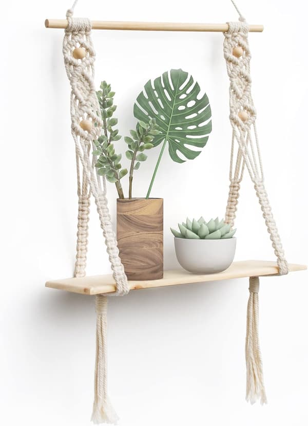 Væghylde Træ Makrame Bohemian Deco Plants Simple Tassel Manual