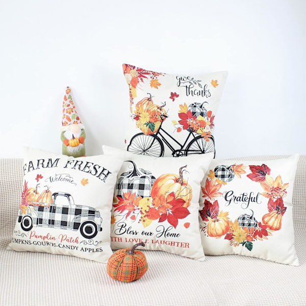 Set med 4 putetrekk 45 x 45 cm, gule og oransje linputetrekk