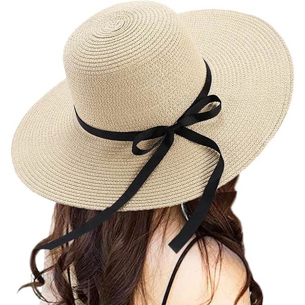 Solhattar Sommarhatt för kvinnor, Stor hatt, Bred brätte, Halm, Vikbar
