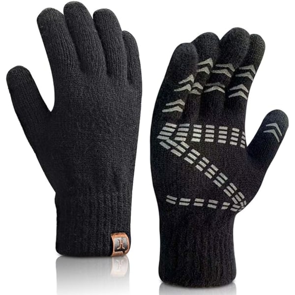 Stickade handskar med pekskärm för män 24 cm Warm Tech-handske med handtag för unisex thermal ullfodrad (svart)