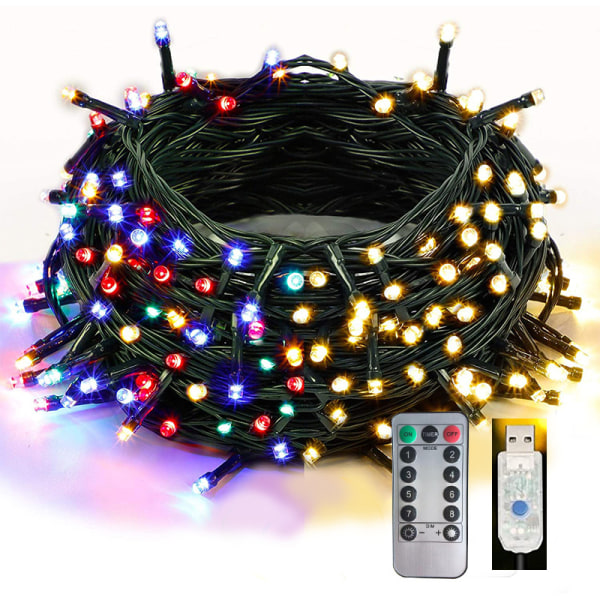 18m 180 dekorative LED lavspennings julelys - USB-port, 8-funksjons fjernkontroll, bryllup og juledekorasjon (flerfarget)