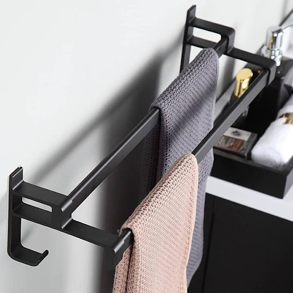 Klæbende håndklædeholder, mat sort håndklædeholder, håndklædeholder med to håndklædestænger og krog, ikke-perforeret aluminiumslegering håndklædeholder + 2 kroge （30cm)