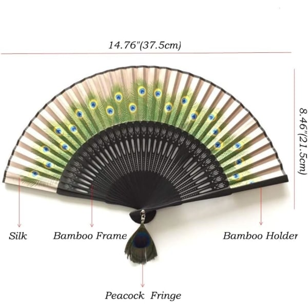 Black Peacock Silk Bamboo Folding Fläkt, Inkludera en sidenpåse, Japan