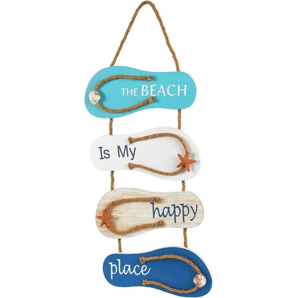 Stranden er mitt lykkelige sted-skilt, hengende nautiske flip-flop-veggdekor for hjem og strandbaddekor (8,5 x 20 tommer)