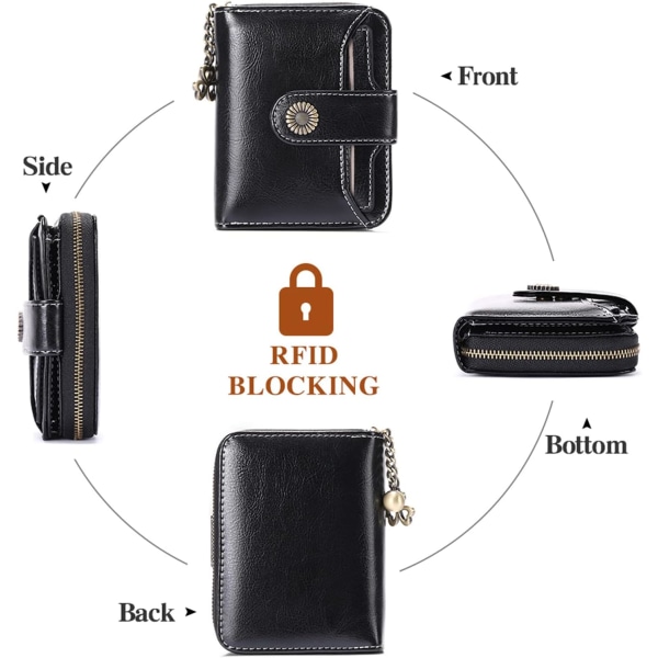 Svart plånbok för kvinnor med RFID-skydd, litet kompakt läder