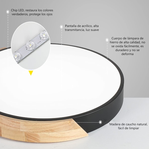 LED-taklamper i tre, 24W moderne runde LED-taklamper