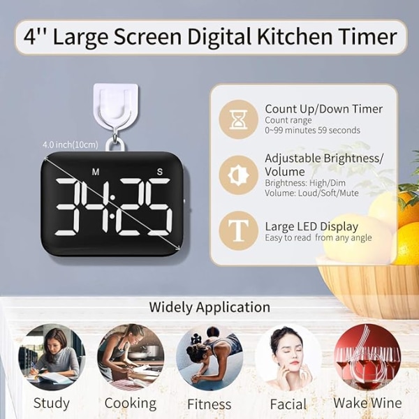 Digital kjøkkenur 4 tommers stor LED-skjerm magnetisk timer med