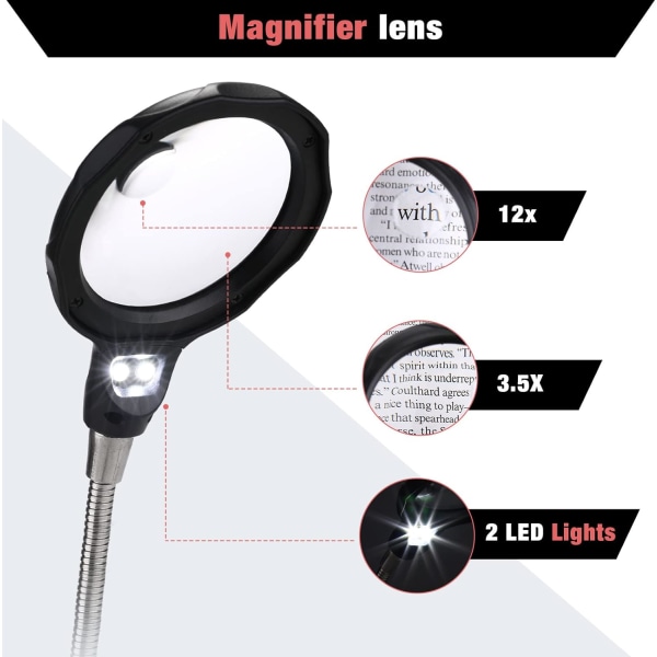 3:e hands 3,5 x 12 x stationär förstoringsglasstativ 2 LED-stående förstoringsglas